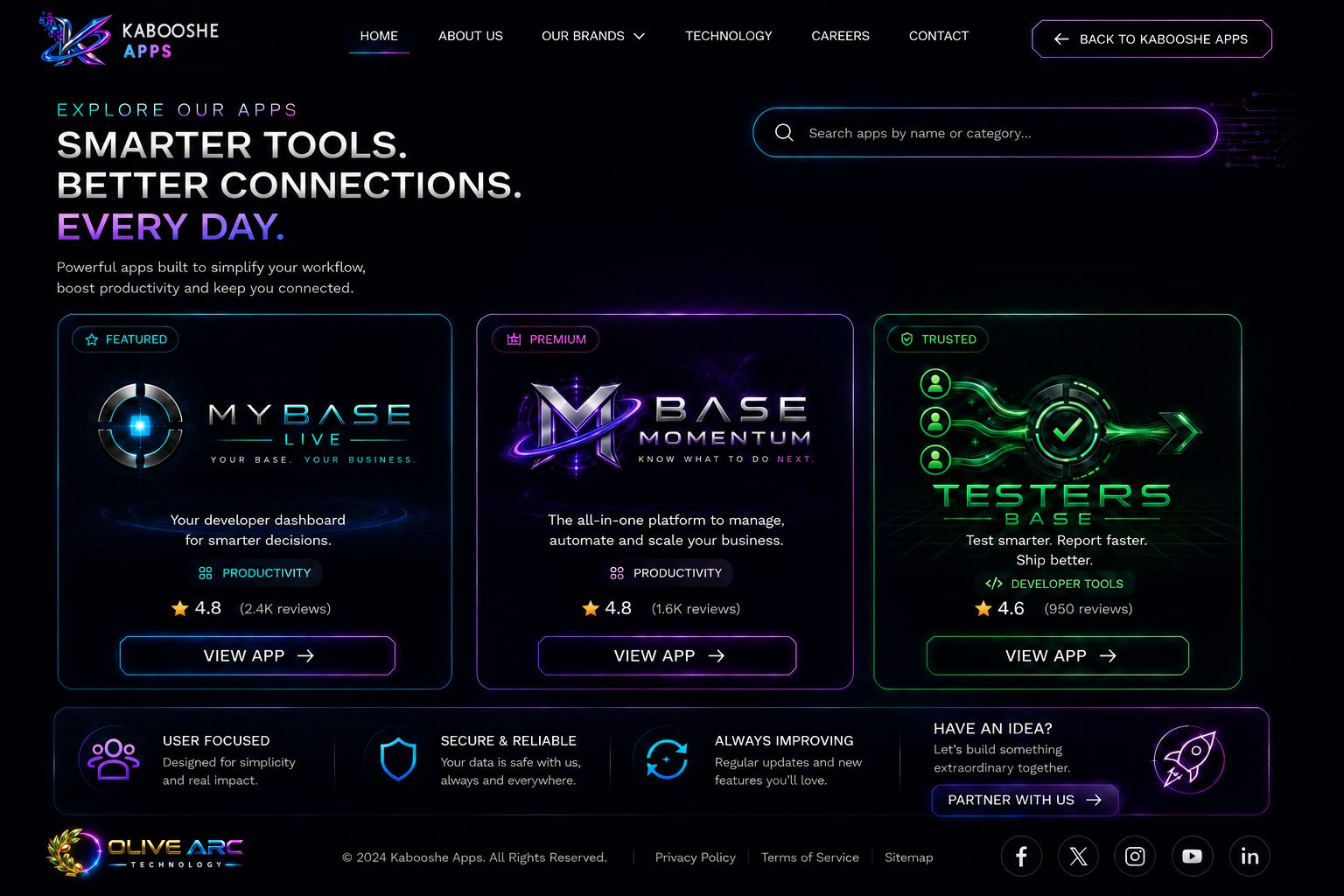 Kabooshe Apps catalogue featuring MyBase Live, Base Momentum, and Testers Base